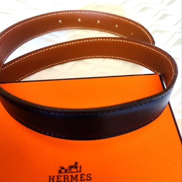 New, Hermes Sterling Silver Buckle & Reversible Leather Belt In Black Or Brown - Picture 4 of 12